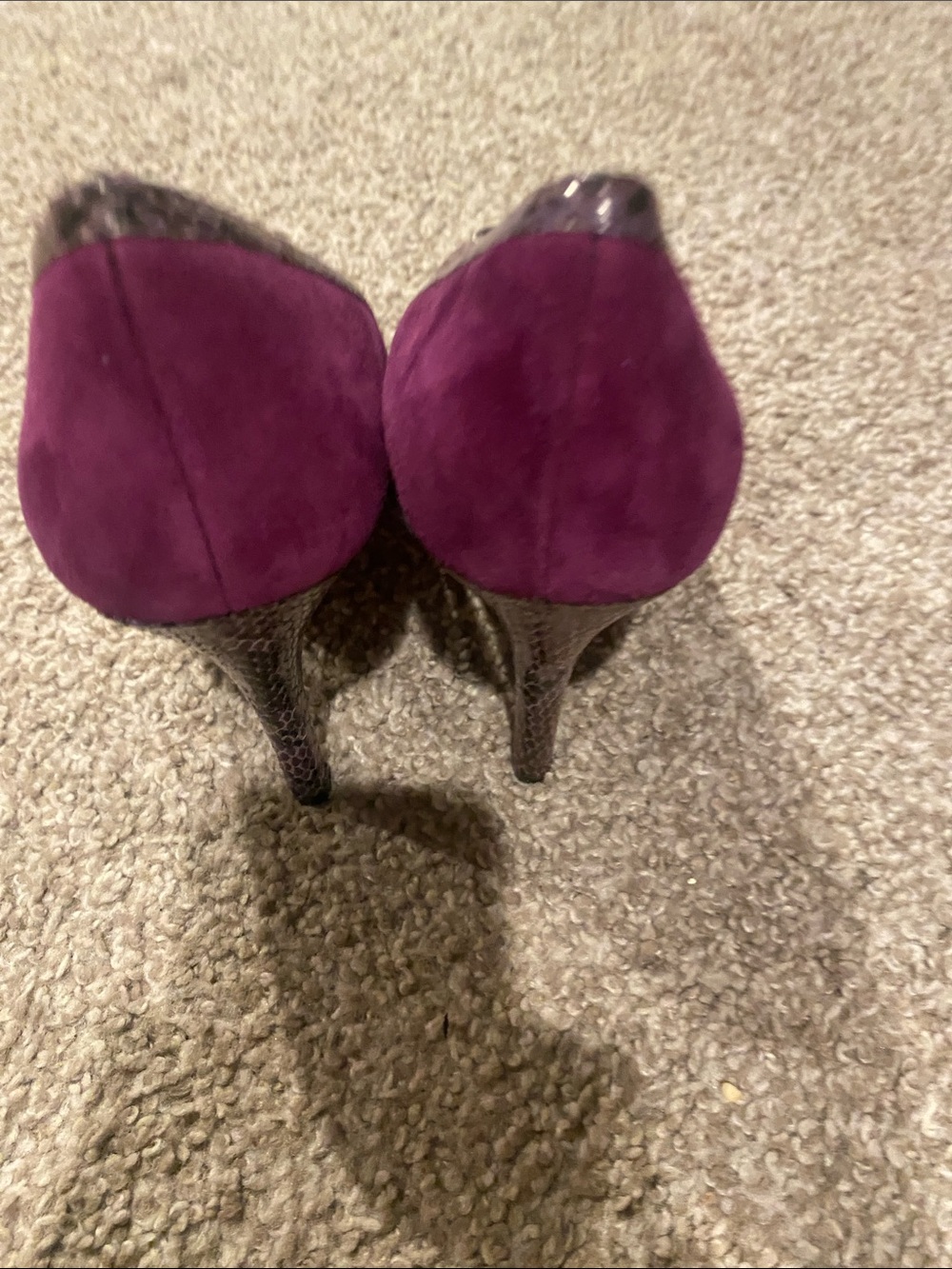 Nine West Purple Suede Peep-Toe Pumps with Snakeskin Accent and Gold Buckle